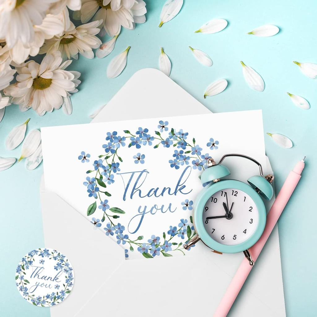 AnyDesign 36 Pack Blue Floral Thank You Cards Bulk Forget-Me-Not Myosotis Sylvatica Flower Greeting Cards with Envelope Sticker Thank You Note Cards