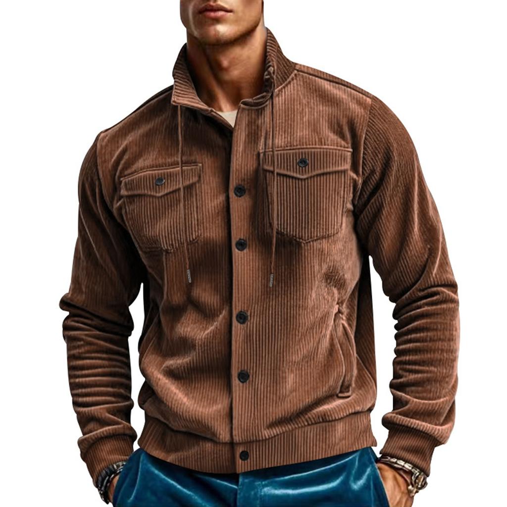 Men's Solid Color Corduroy Lapel Jacket Men's Retro Multi-Pocket Work Jacket