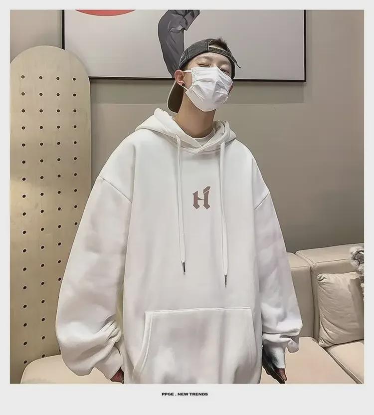 Мужская толстовка с капюшоном из японского бархата больших размеров — модная и свободная на осень/зиму