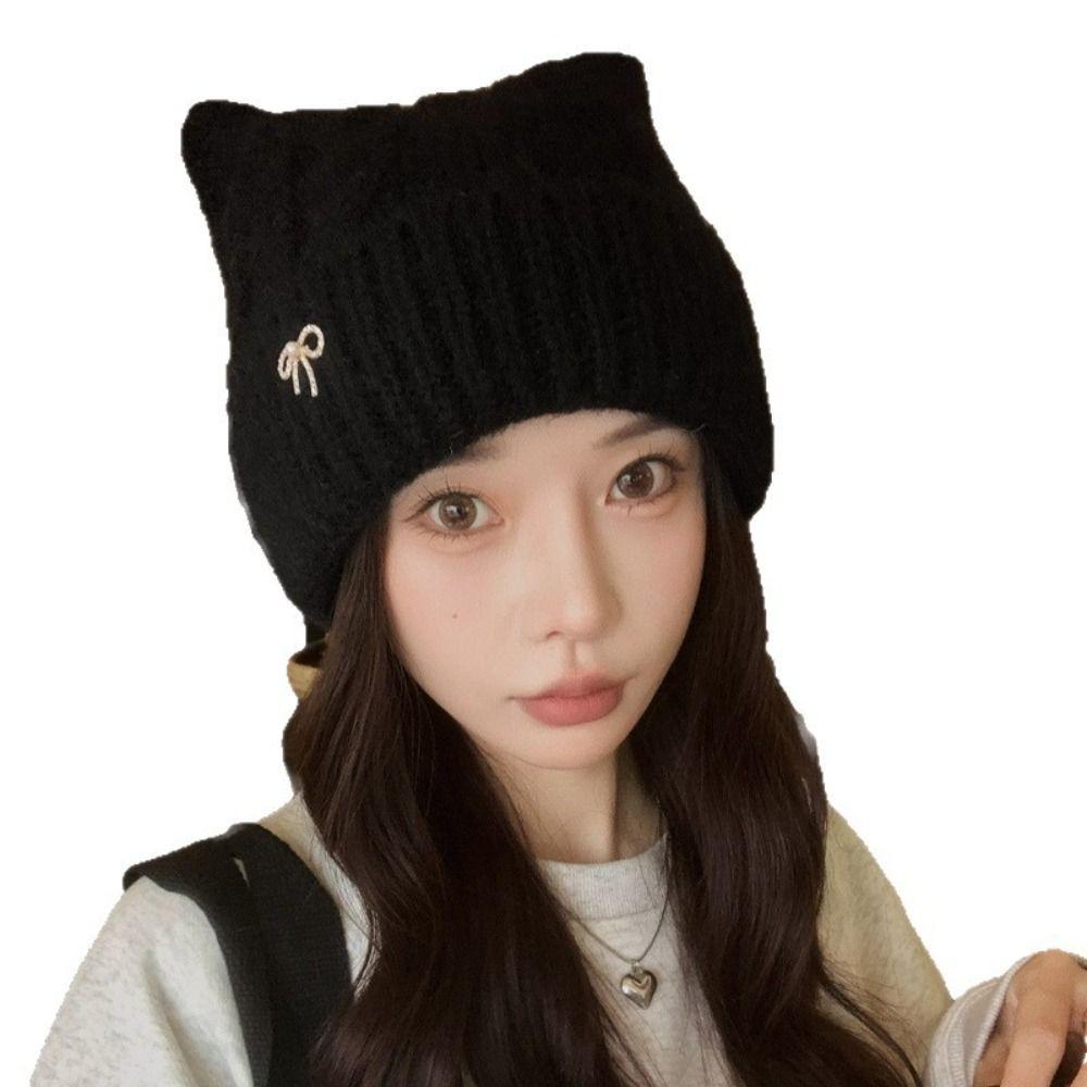 Japanese Style Woolen Knitted Hat Solid Color Women Beanie Hat Cat Ears Pullover Hat Girls