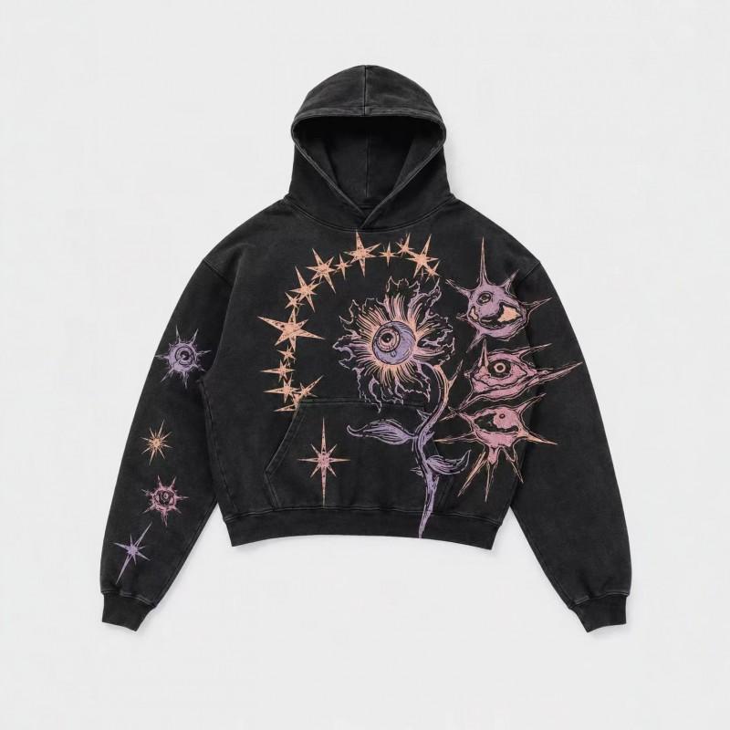 Mens Vintage Distressed 3D Printed Star Floral Oversized Hoodie Casual Streetwear Sweatshirt