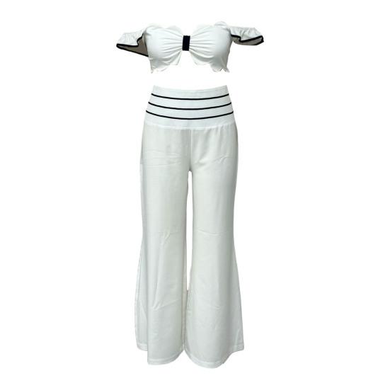 2 Pcs/Set Women Crop Top Pants Suit Low-cut Bandeau Sleeveless Ruffle Backless High Waist Wide Leg Striped Solid Color Commute Soft Summer Tube