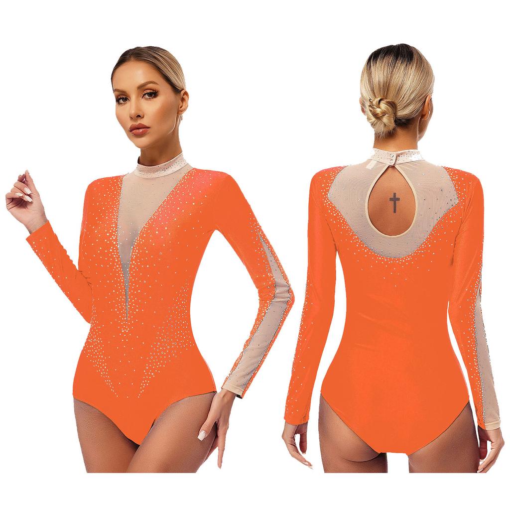 Женское блестящее танцевальное трико со стразами, боди с длинными рукавами для соревнований по гимнастике, фигурному катанию
