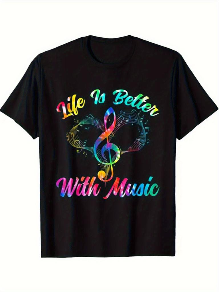 1 Music Notes Graphic T-shirt - 100% Cotton Crew Neck Short Sleeve T-shirt with Vibrant "Music Makes Life Better" Print