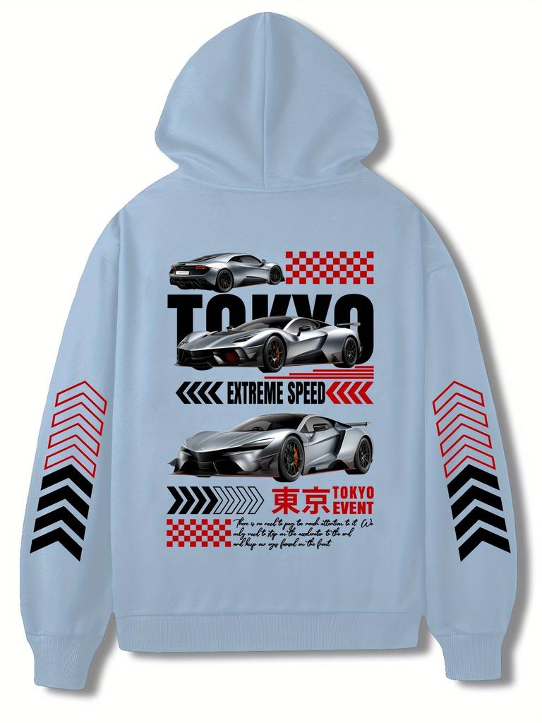 Street racing style speed theme printed hoodie sports car elements oversize couple sweater