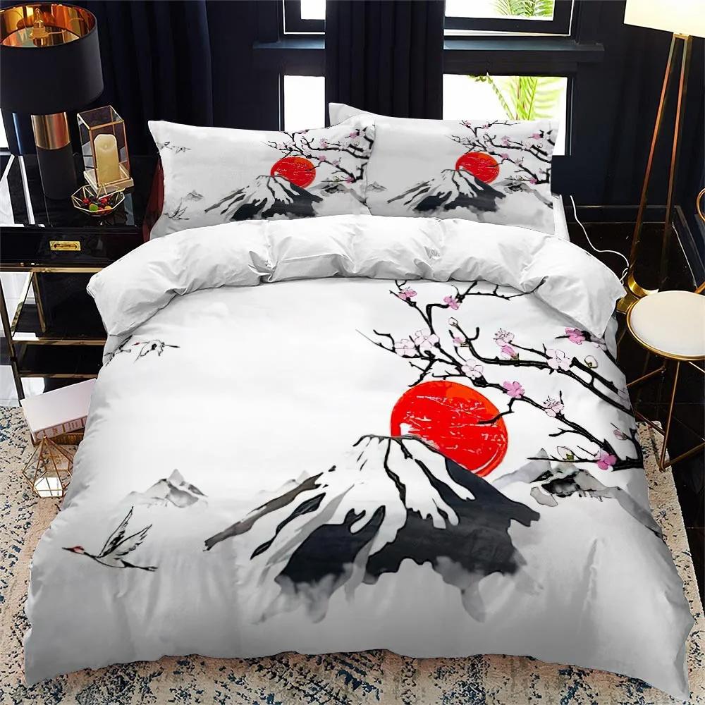 Japanese-Style Duvet Cover Set King Queen Full Size Ukiyo-e Theme Wave Pattern Polyester Bedding Set Fuji Mountain Exotic Style
