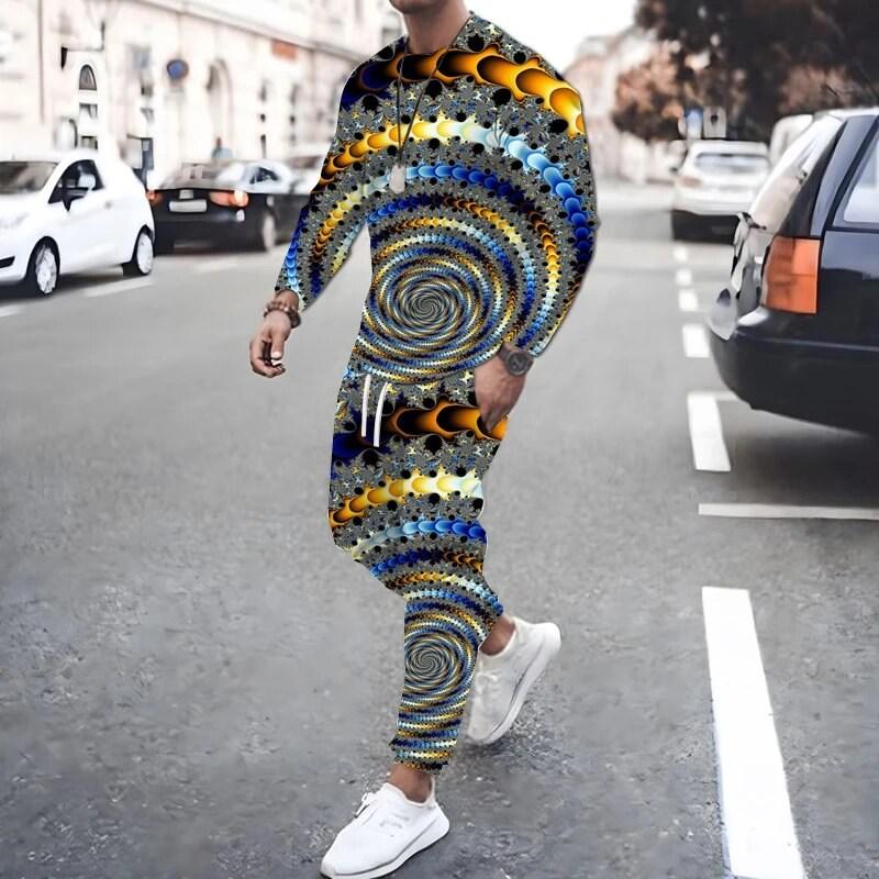 New Fashion Men's Two-piece Sportswear 3D Printed Long Sleeved T-shirt Set Street Casual Two-piece Men's T-shirt Set