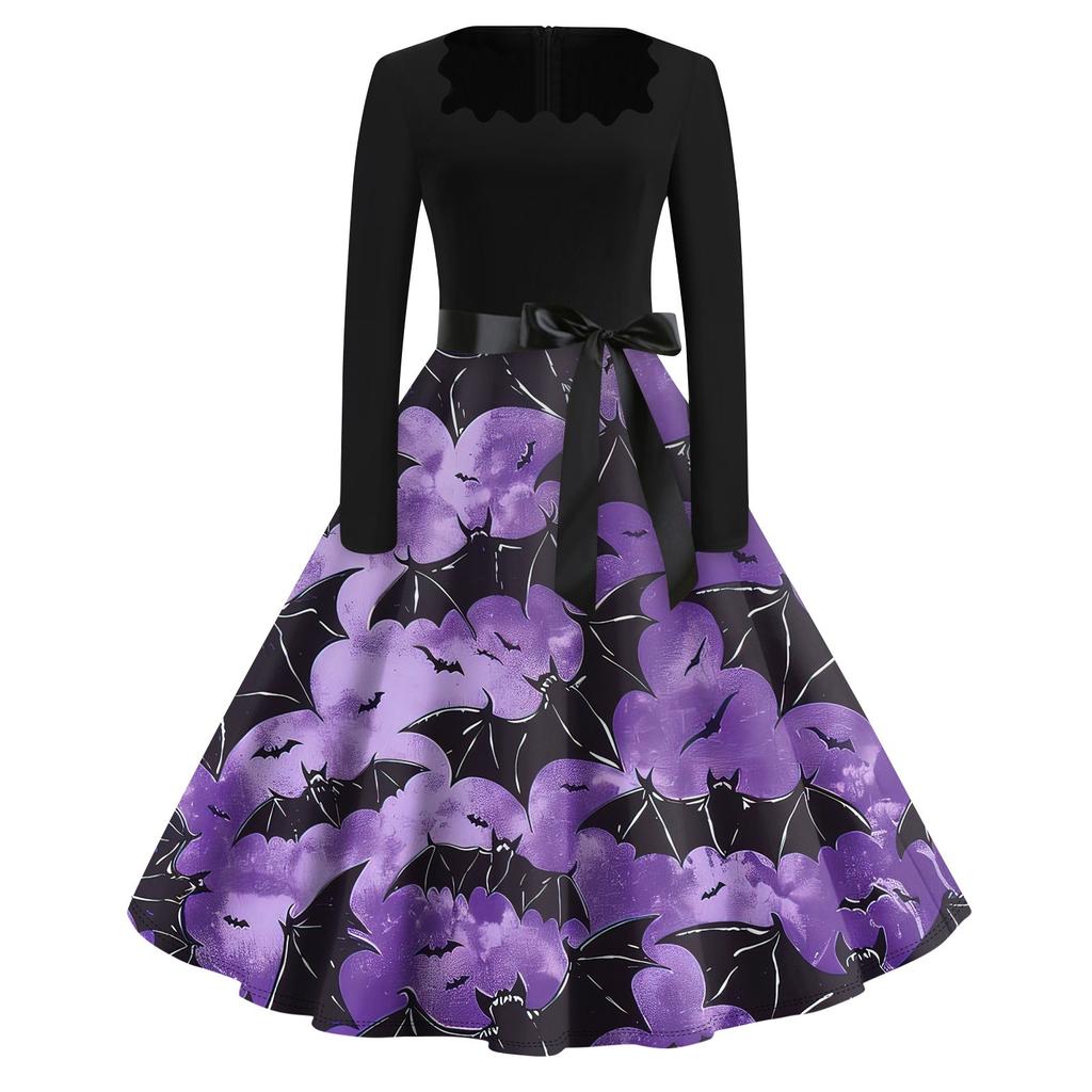Платье с расклешенным принтом на Хэллоуин для женщин, платье с длинным рукавом, полые вечерние повседневные платья