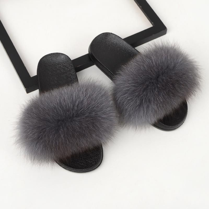 Furry Slippers for Women The Same Style In Summer Real Fox Fur Slippers Plus Size Female Sandals