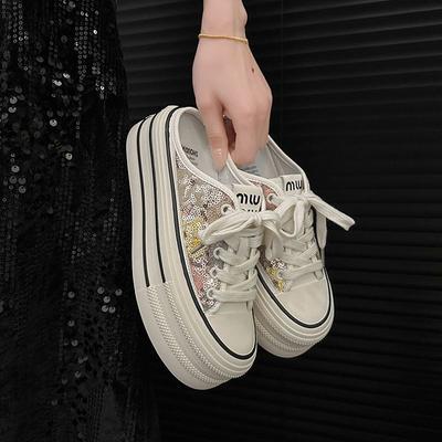 Холщовые полушлепанцы на толстой подошве с пайетками, женская летняя обувь, новые повседневные сандалии на шнуровке, увеличивающие рост на небольшую высоту