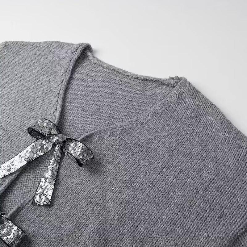 2024 Spring High-End European & American Style Sequin Bow Knit Sweater