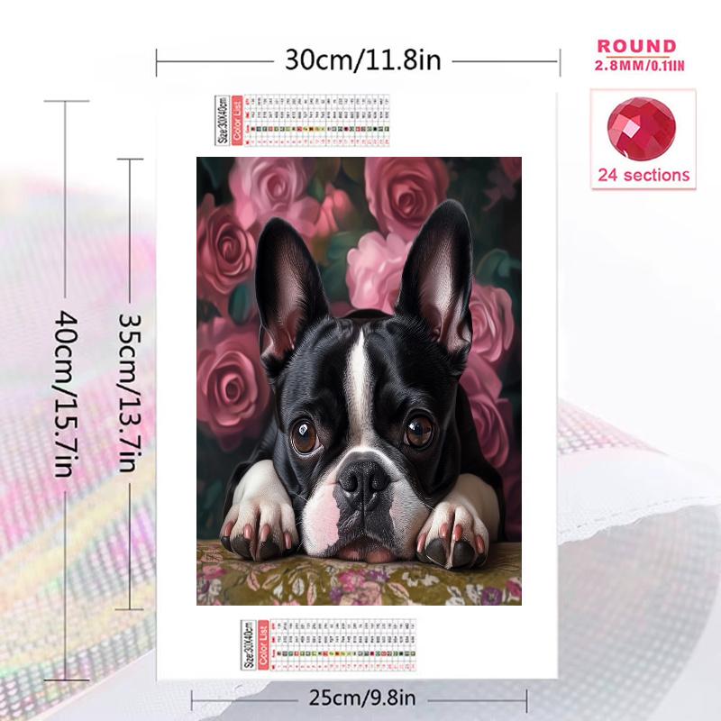 Boston Terrier and roses Pattern 3pcs 100% Round Full Drill 5D DIY Diamond Painting Embroidery Cross Stitch Rhinestone Décor