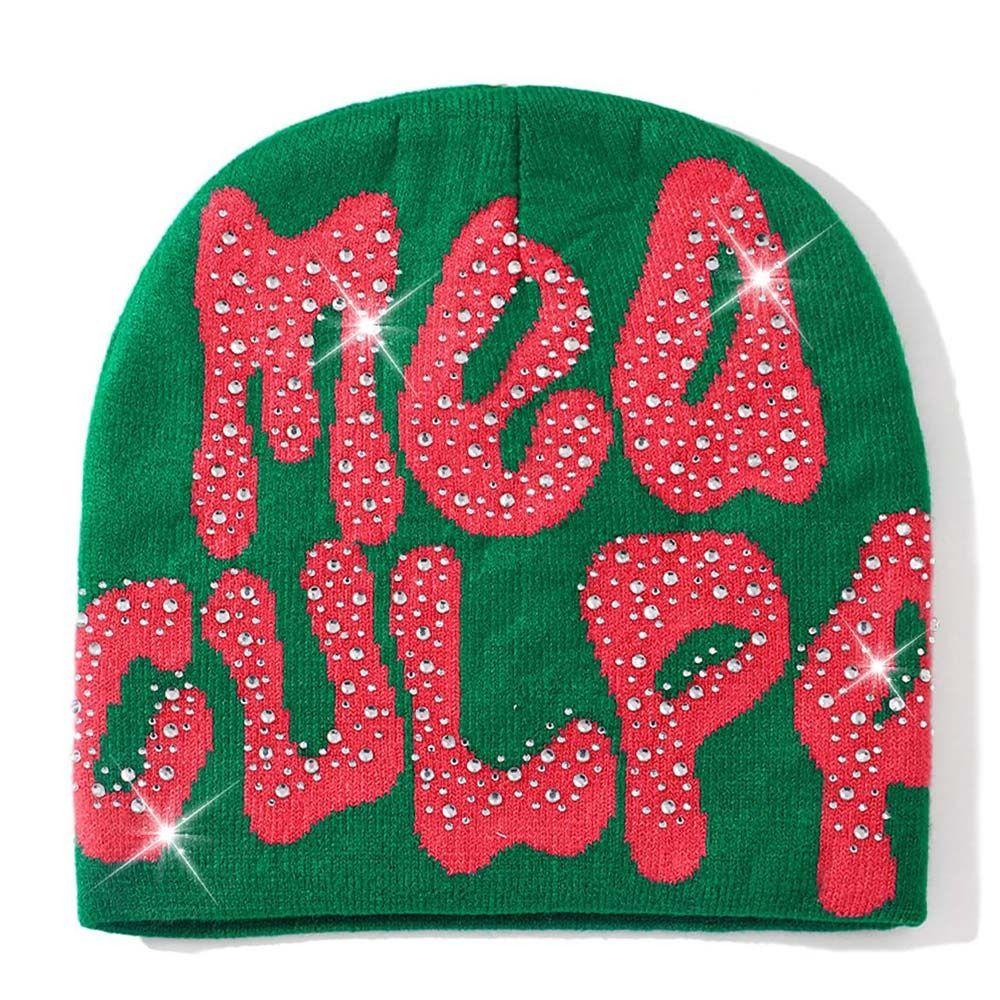 Trendy Stretch MEA Culpa Beanies Hat with Rhinestone Warm Soft y2k Beanies Hats Knitted Hip-hop Hat for Women Men