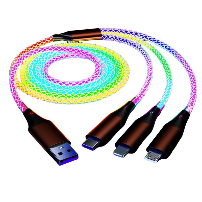 66 Вт 6A 3 в 1 кабель для быстрой зарядки типа C Micro USB RGB цветной светящийся стример для iPhone Huawei Xiaomi зарядное устройство USB-кабель
