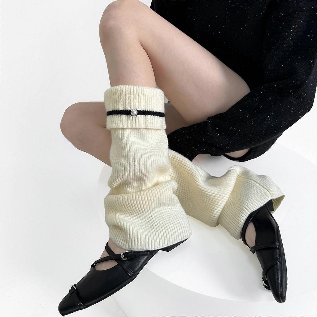 Women Korean Style Knitted Leg Warmers with Metal Button Elegant Turn Cuff Striped Boot Covers Flared Slouchy Calf Socks Gray