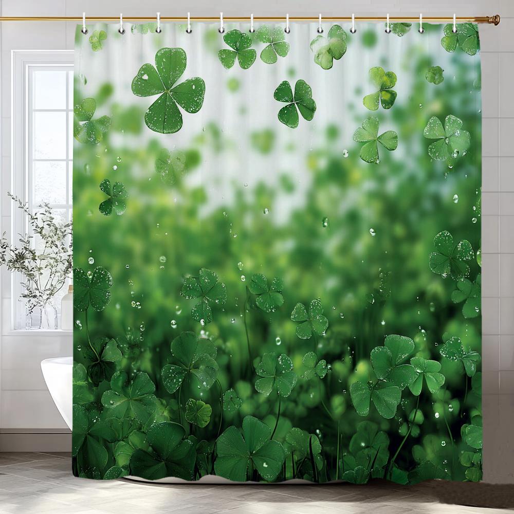 Green Leaves, Lucky Grass Clover Pattern Shower Curtain, Bathroom Decorative Shower Curtain, Home Curtain With Hooks