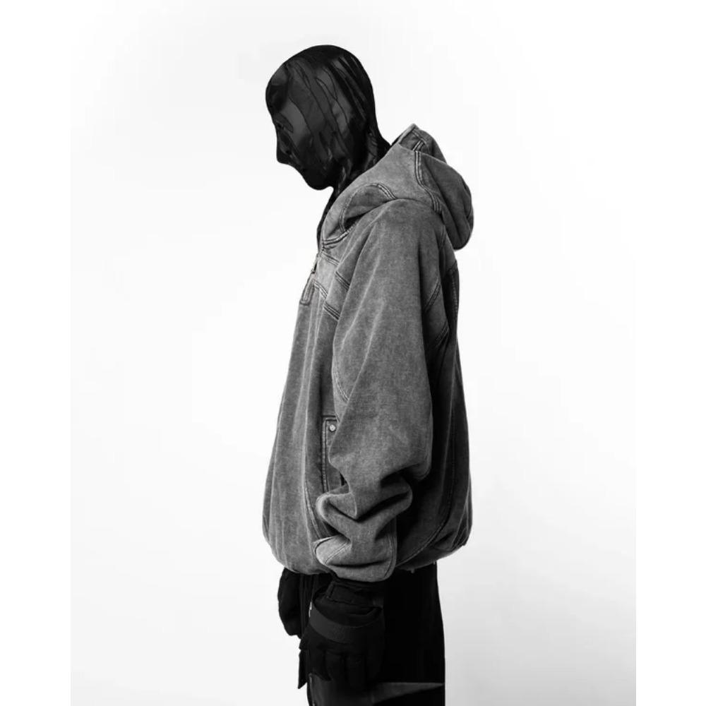 Худи-балаклава RogueWave Classic для мужчин, выстиранный серый, пуловер-свитшот в стиле ниндзя, хип-хоп, с вставками, y2k, винтажный, зимний, уличная одежда, парные топы