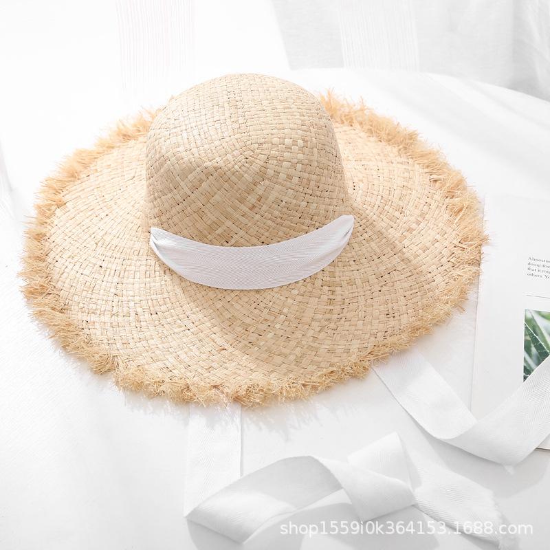 Small Fresh Strap Lafite Straw Hat Women's Summer Big Brim Seaside Sun Hat Sunscreen Beach Vacation Beach Hat