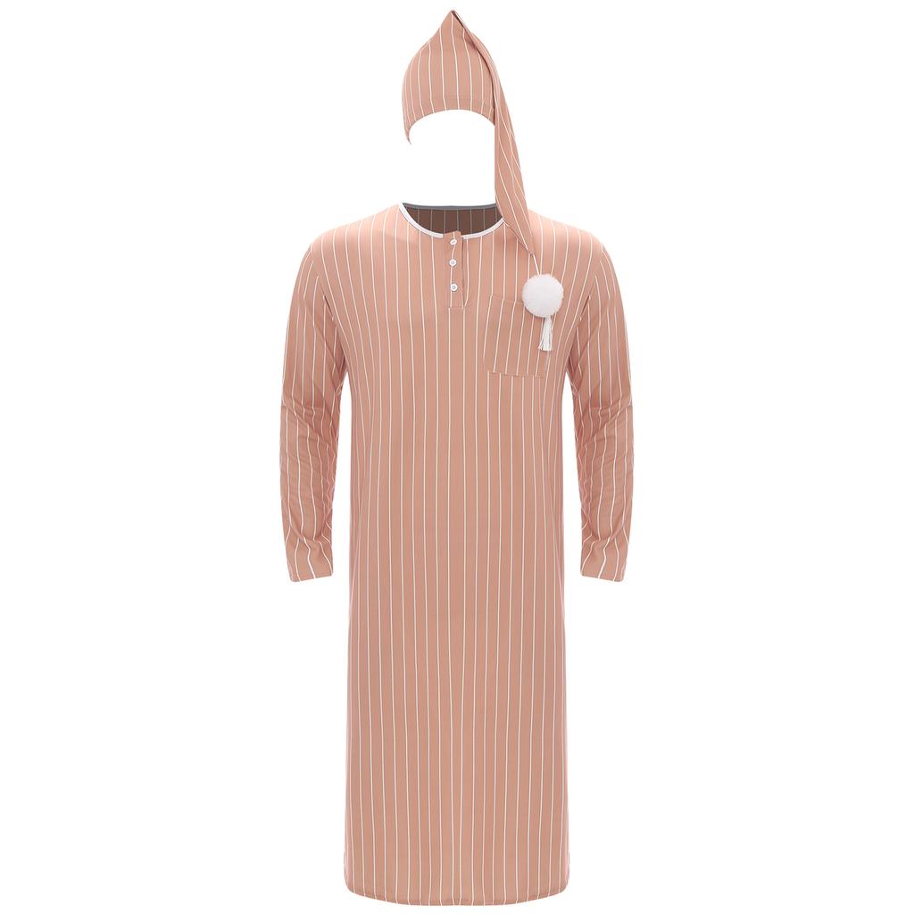 Mens Sissy Nightwear Striped Sleep Robe with Hat Long Sleeve Long Robe And Pompom Adjustable Sleep Hat Arabian Muslim Pajamas