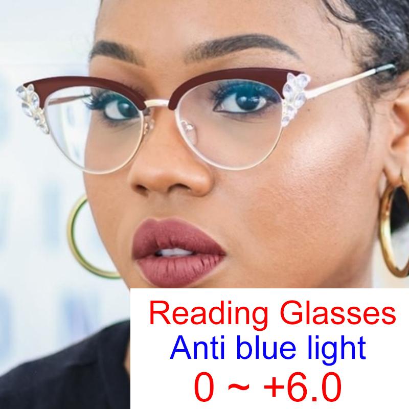 New Vintage Rhinestones Cat Eye Reading Glasses Women Anti Blue Light Prescription Magnifying Optical Glasses Frame