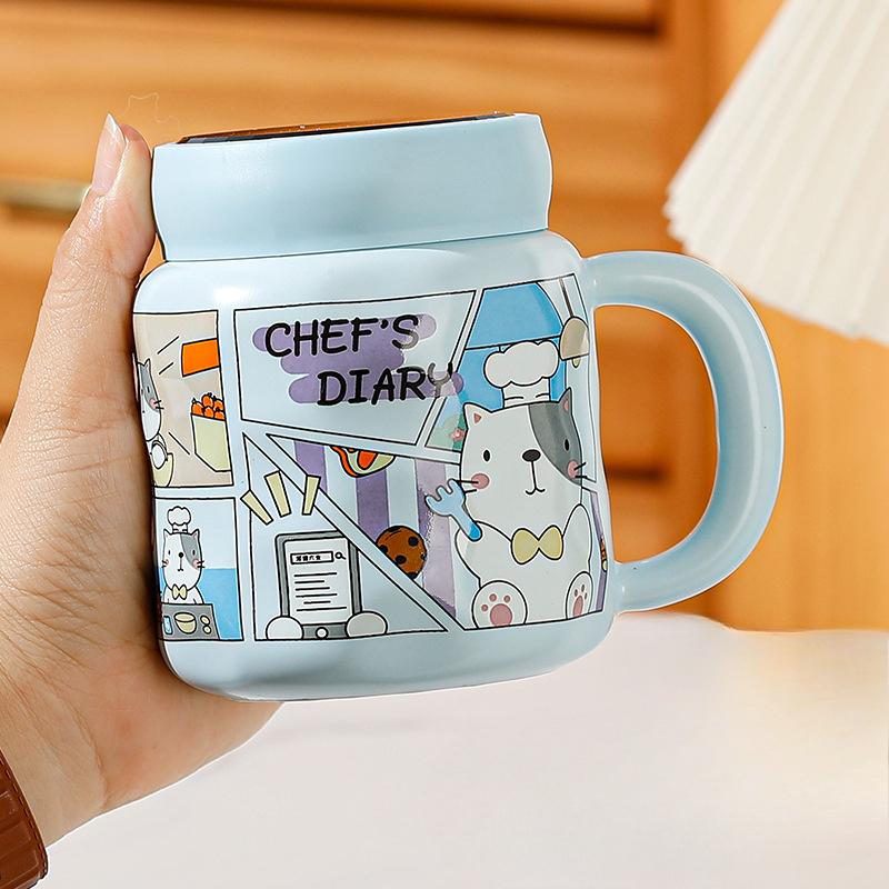 Cute Mug with Lid Spoon High Value Ceramic Water Cup Color Box for Girls Cartoon Office Couple Cup for Home Use