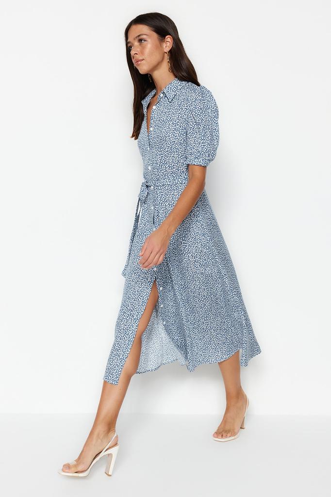 Women's Fashion New Dress Black Floral Pattern Slit Woven Shirt Dress