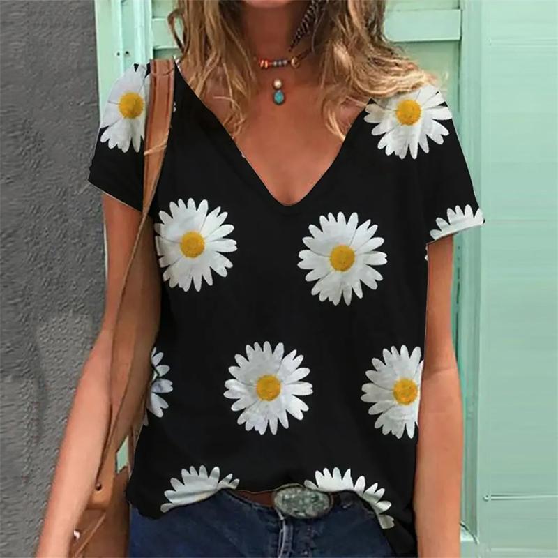 Модные весенние блузки с красивым цветочным принтом, футболки с коротким рукавом и V-образным вырезом, повседневные
