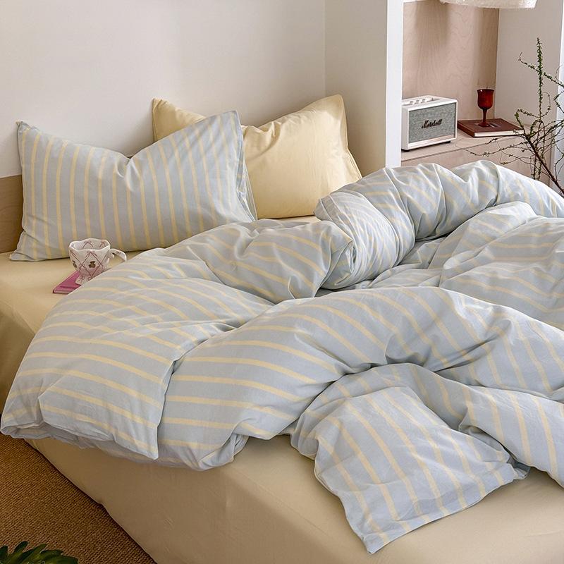 Spring And Summer Washed Cotton Contrast Color Bed Floating In Iceland Simple Style Four-piece Cotton Bed Sheet Quilt Cover