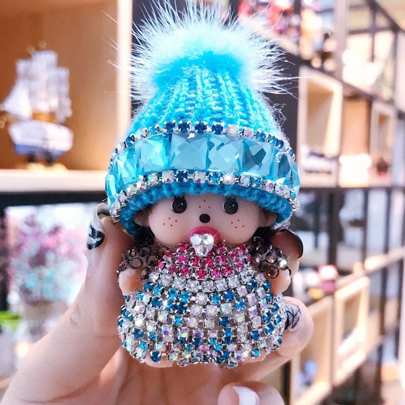 Кристаллами усыпанный брелок Monchhichi вязаная шапка норка подвеска приз в аркаде подарок для обмена