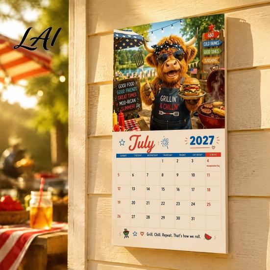 Highland Cow Wall Calendar 2027 Funny Calendar Cute Farm Animal 12 Month Dorm Room Accessory Scottish Hanging Planner for Rustic Home Decor Gift