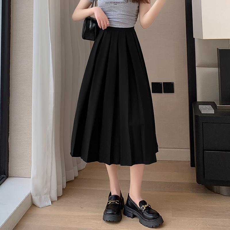 Women's Black Pleated A-Line Skirt - Mid-Length, High Waist, Elastic Fit, Autumn/Winter