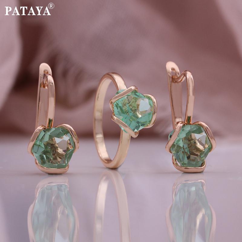 PATAYA Комплект из сережек и колец с инкрустированным зеленым искусственным цирконием розового золота