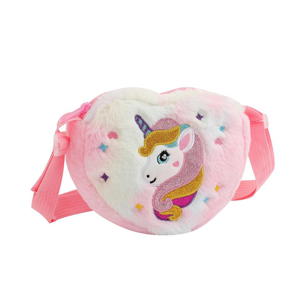 Children's Heart Shaped Shoulder Bag Unicorn Cartoon Plush Love Crossbody Bag Kindergarten Girls' Candy Storage Bag