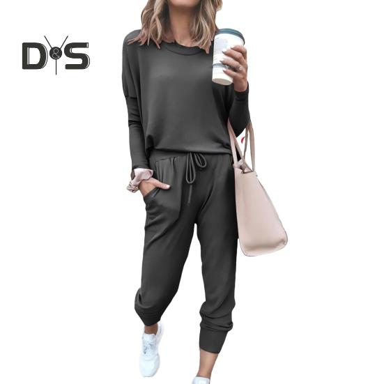2 Pcs/Set Women Top Pants Suit Crew Neck Long Sleeves Solid Color Sleepwear Sport Sweatshirt Drawstring Elastic Waist Trousers Fitness Outfit Fall