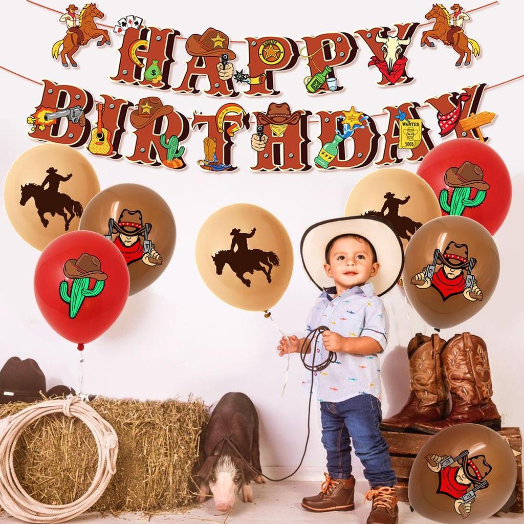Western Cowboy-Themed Banner, Balloons, and Cake Topper Set – Wild West Birthday Party Decorations