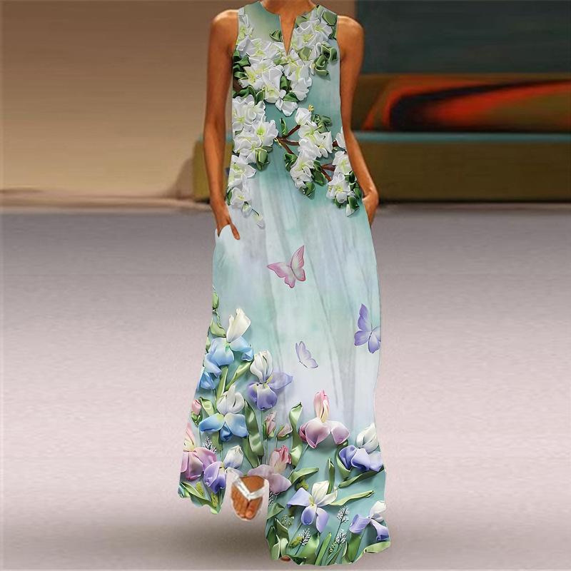 QICED Summer Women's Sleeveless Long V-Neck Printed Jade Flower Dresses