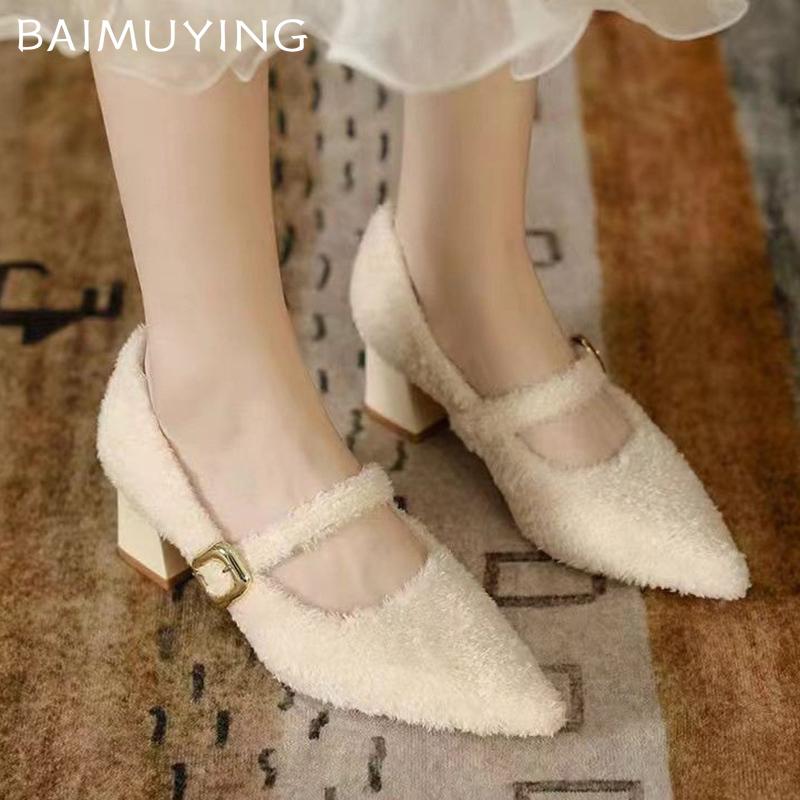 Женские туфли на толстом меху с острым носком, элегантные туфли на среднем каблуке 2025 года, дизайнерские туфли-лодочки с пряжкой, зимняя мода Mujer Zapatos