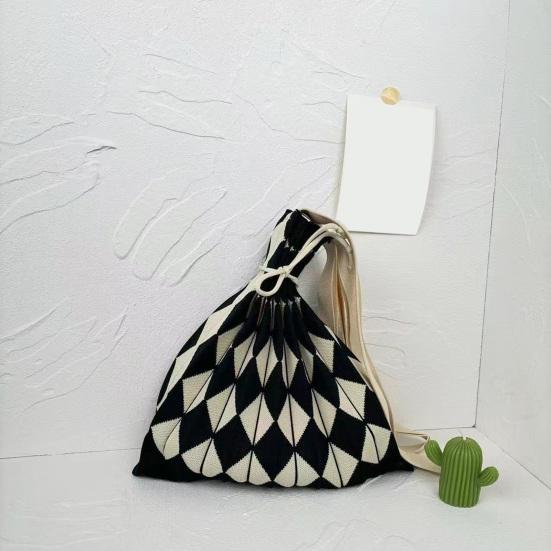 Сумка-тоут с завязками на шнурке в стиле ретро, складная вязаная сумка-тоут с цветными блоками