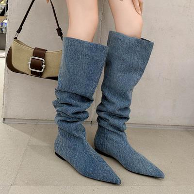 Джинсовая осенне-зимняя обувь, ботинки в стиле вестерн с острым носком, на толстом низком каблуке и молнии, женские высокие сапоги до бедра в стиле панк