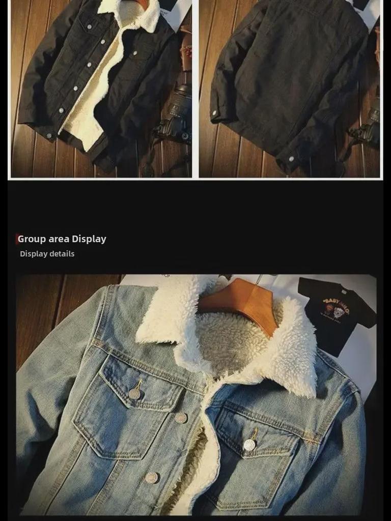 Men's Trendy American Retro Velvet-Lined Denim Workwear Jacket