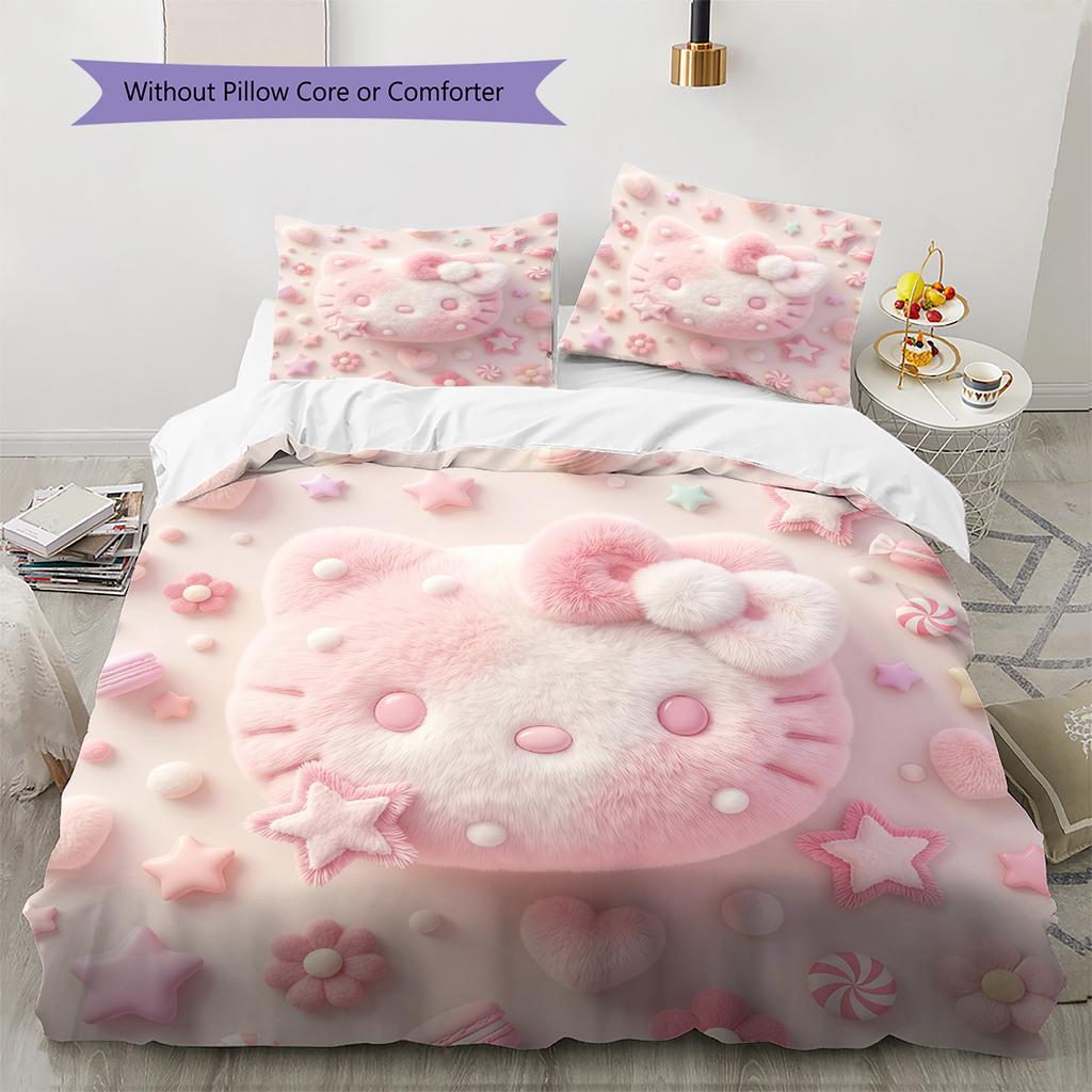 Постельное белье с розовым узором Hello Kitty, Комплект с одеялом, Пододеяльник, Наволочка, Домашний подарок на день рождения(1 пододеяльник + 2 наволочки, без наполнителя)