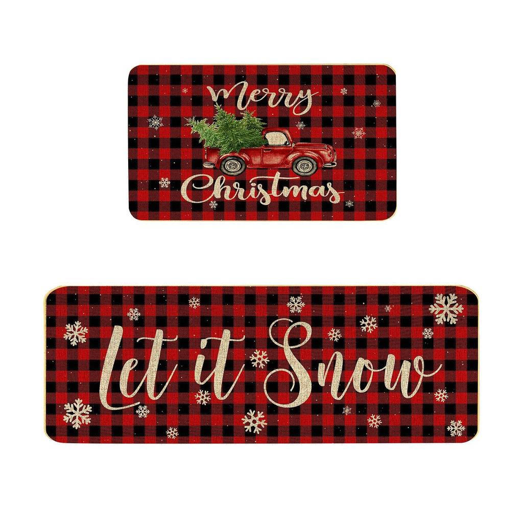 VIKAMA 2pcs Christmas Winter Crystal Velvet Floor Rug Kitchen Non-slip Mat Entrance Welcome Door Mat Holiday Home Decoration