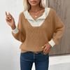Women's Pullover Lapel Sweatshirt Fashionable Stitching Contrast Color Top
