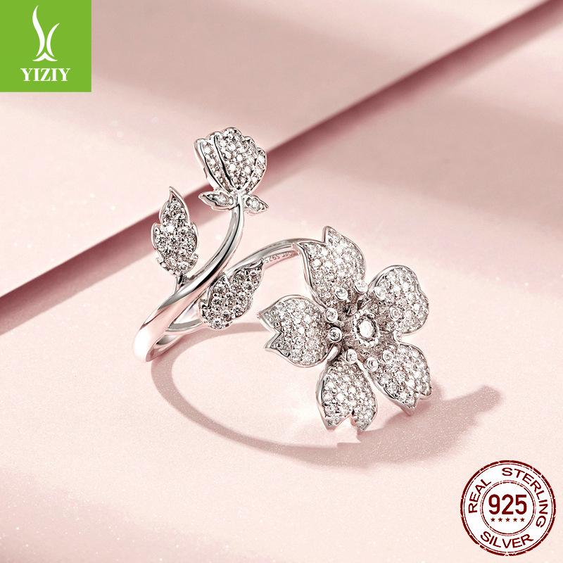 S925 Sterling Silver Cherry Blossom Opening Adjustable Ring, Full Of Zircon Premium Flower Ring Jewelry.