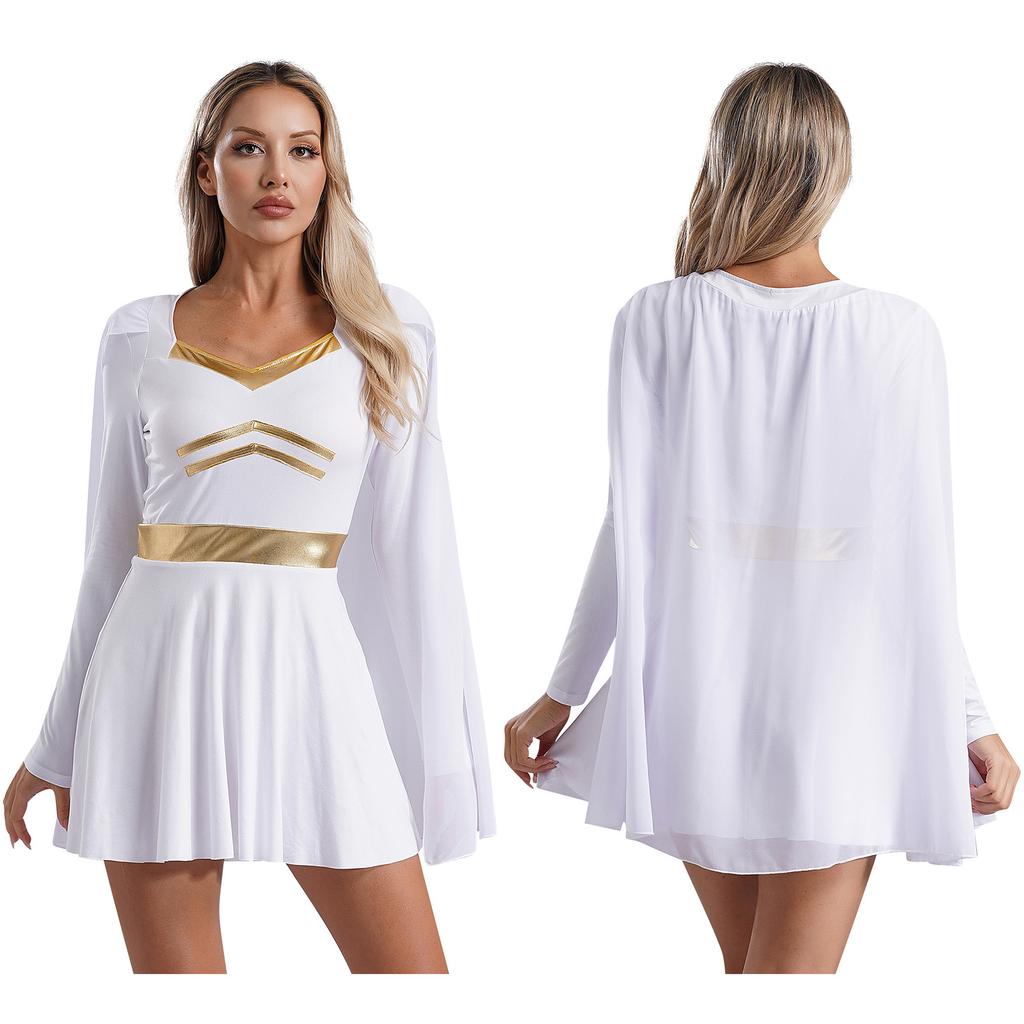 Женский костюм для косплея на Хэллоуин, платье с V-образным вырезом и длинными рукавами, с металлической отделкой и шифоновой накидкой, римский наряд