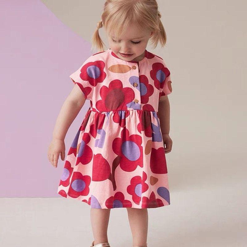 Girls' Red Floral Short-Sleeved Dress Baby Pure Cotton Casual Skirt Kidsren's Summer Dress Fashionable Floral Princess Dress