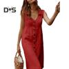Summer Women Lapel V Neck Shirt Dress Sleeveless Single Breasted Pockets Solid Color Midi Dress Streetwear