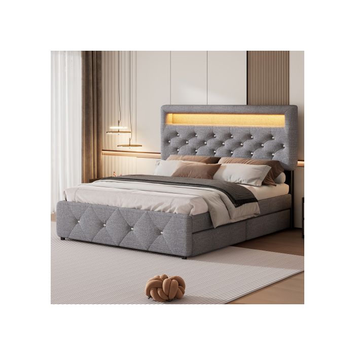 Lit rembourré - MUVOE - 140x200 cm - 2 tiroirs - Table de chevet avec lampe - Gris