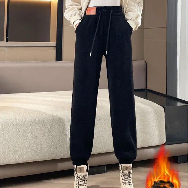 Зимние модные бархатные теплые свободные прямые брюки для женщин, офисные женские леггинсы с высокой талией, утепленные однотонные брюки 29584
