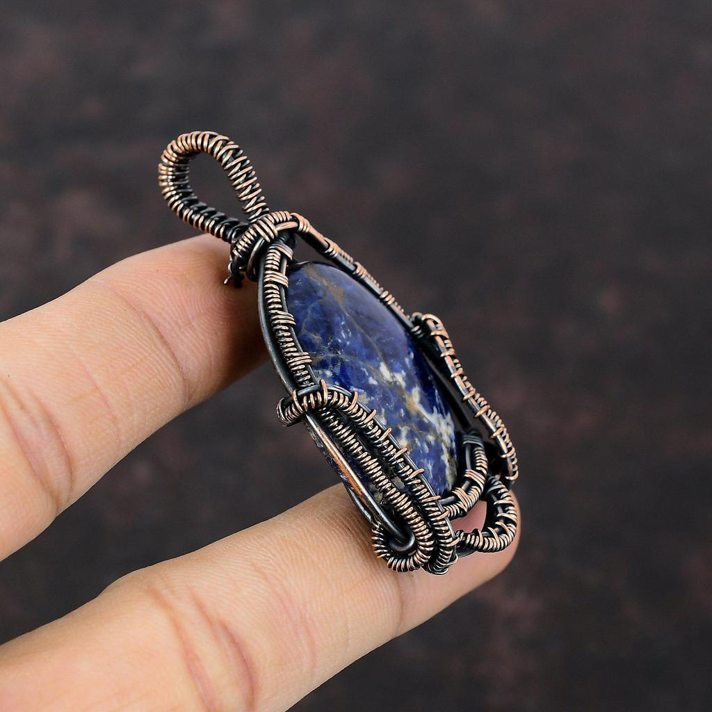 Подвеска из содалита, обернутая медной проволокой, изящная подвеска из драгоценного камня, ювелирное изделие ручной работы из содалита, кулон из лечебного камня, медное ювелирное изделие для подарка
